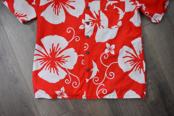 1980s Red Hawaiian Shirt Dolphin Hibiscus Bold Pr… - image 4