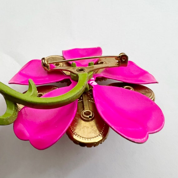 1960s Jewel Enamel Flower Brooch Hot Pink Pin - image 2