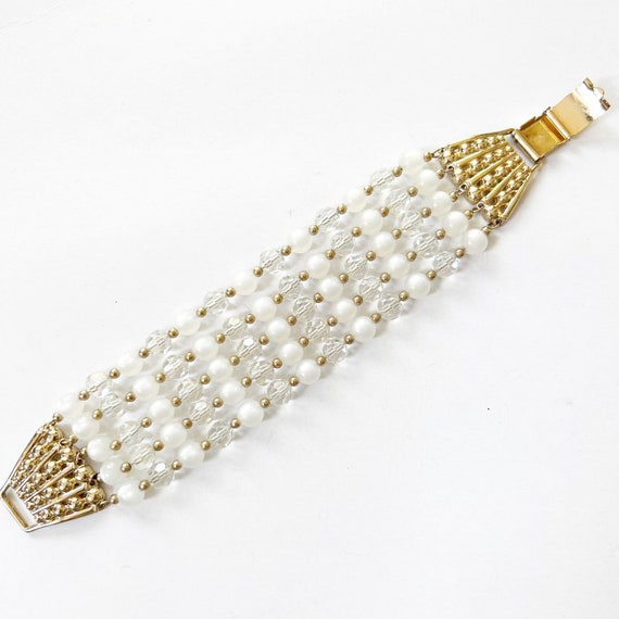 Napier Five Strand Bracelet Gold Tone White Beads 