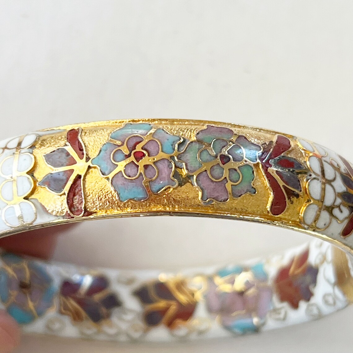 Cloisonné Hinged Bracelet Wide Floral Gold Tone Womens Vintage Etsy