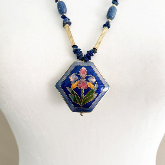 Cloisonné Statement Necklace Royal Blue Flower Be… - image 2