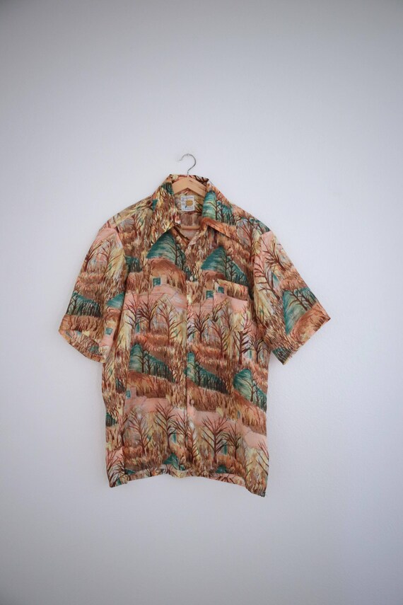 1960s Peachskin Hawaiian Shirt Trees Brushstrokes Peach Green - Etsy