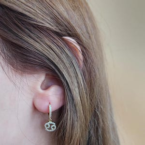 May include: Gold-toned hoop earrings with a Cancer zodiac symbol pendant. The earrings and pendant are encrusted with small, clear crystals. The earrings are shown on a person's ear, with long, light brown hair in the background.