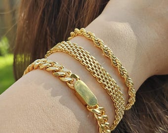 Bracciale a maglie sovrapposte in oro 18 carati, bracciale a maglie larghe, regalo per lei, regalo per lui, bracciale inciso, bracciale delicato, regalo di Natale, Black Friday