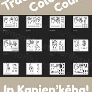 Puede incluir: Póster educativo con las palabras "¡Traza! ¡Colorea! ¡Cuenta!" y "¡En Kanien'kéha!" en texto blanco. El póster presenta ilustraciones de manos numeradas del uno al diez, con puntos correspondientes para contar y trazar.