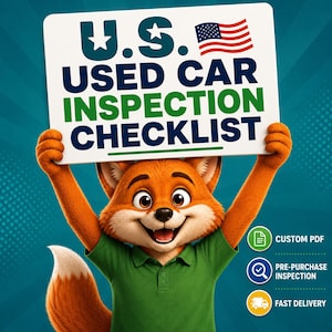 May include: A cartoon fox with orange fur and a green polo shirt holds a white sign that reads U.S. USED CAR INSPECTION CHECKLIST with a small American flag. To the right are three circular icons labeled CUSTOM PDF, PRE-PURCHASE INSPECTION, and FAST DELIVERY.