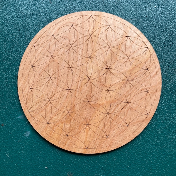 Natural Wood Crystal Grid- Flower of Life sacred geometry