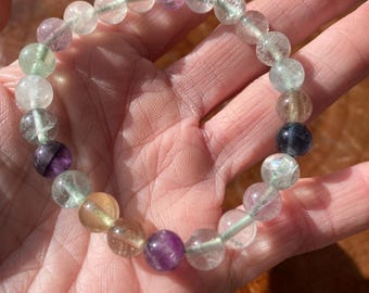 Rainbow Fluorite Crystal Bracelet – Polished Natural Gemstone Beads 7.5"