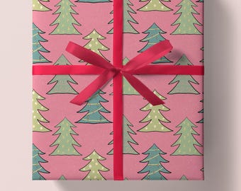Whimsical Christmas Tree Wrapping Paper, Hand Drawn Holiday Gift Wrap, Pink and Green Tree Pattern, Cute Modern Christmas Gift Wrap Sheet