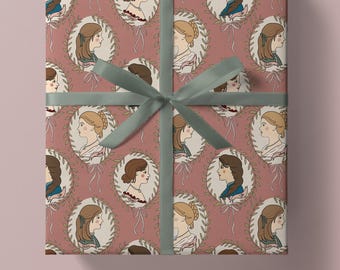 Little Women Wrapping Paper, Meg Jo Beth Amy Portraits, Pink & Green Cameo Leaf Design, Gift Wrap for Book Lovers and Literary Gifts
