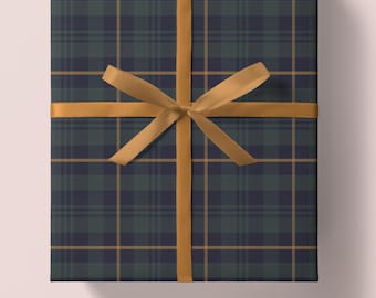 Classic Tartan Plaid Wrapping Paper, Dark Green Navy Gift Wrap with Gold Stripe, Scottish Farmhouse Christmas, English Country Style