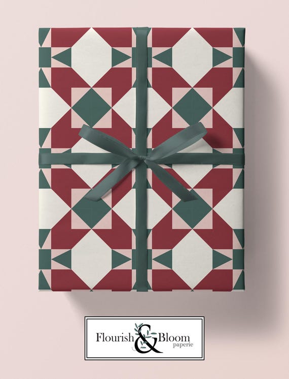 Christmas Quilt Wrapping Paper, Cozy Farmhouse Gift Wrap, Vintage Holiday Quilt Print, Cottage Christmas Gift Wrap Sheet