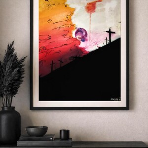 May include: A framed wall art print featuring a surreal landscape with a solid black foreground silhouette of a hill and crosses. The sky transitions from vibrant orange and red to white, containing a purple sphere and the signature HUSBEE.