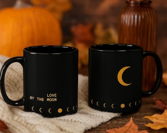 Celestial Mug, Minimalist Black and Gold Moon Design, Lunar Gift