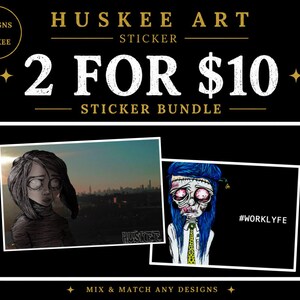 May include: A sticker bundle featuring two distinct rectangular designs. One sticker shows a stylized character against a city skyline, while the other depicts a blue-haired character with red eyes and a tie, accompanied by the text #WORKLYFE.