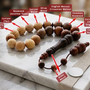 Mixed Hardwood Tasbih 17 Beads, Efe Prayer Beads, Carved Carob Wood Imam