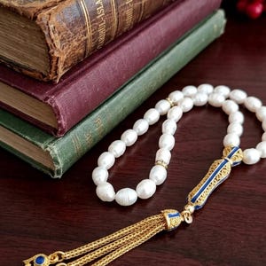 Freswater Pearl Prayer Beads – Gold Imam Tasbih, Islamic Misbaha, 33 Bead Muslim Tasbeeh