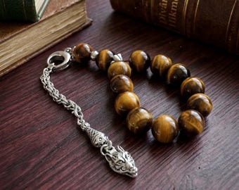 Natural Tiger Eye 11 Bead Tasbih – Wolf Crescent Tassel, Ottoman Style Misbaha