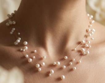 Floating Pearl Necklace – Dainty Minimalist Bridal Jewelry, Layered Wedding Necklace, Delicate Gift for Her