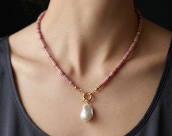 Baroque Pearl Pendant Necklace – Rhodonite Gemstone Front Clasp Choker, Minimalist Layering Necklace
