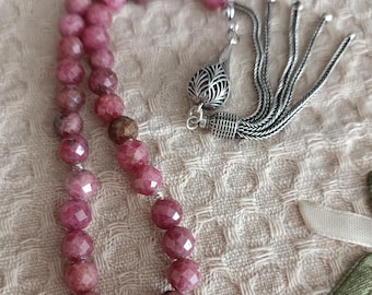 Tasbih in rodocrosite naturale, 33 grani da preghiera, pietra preziosa da 7 mm, nappa in argento sterling.