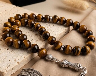 Natural Tiger Eye 33 Bead Tasbih, 8mm Gemstone Islamic Prayer Beads, Dhikr Misbaha