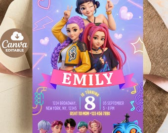 Editable KPOP Demon Hunters Birthday Invitation, Kpop Demon Hunters Birthday Party Invite Card, Canva Invitation Template