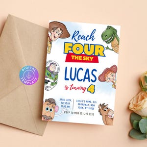 May include: A birthday invitation featuring characters from a popular animated film. The invitation reads "Reach FOUR the Sky" and "Lucas is turning 4." Additional text includes the date, time, and location of the party.