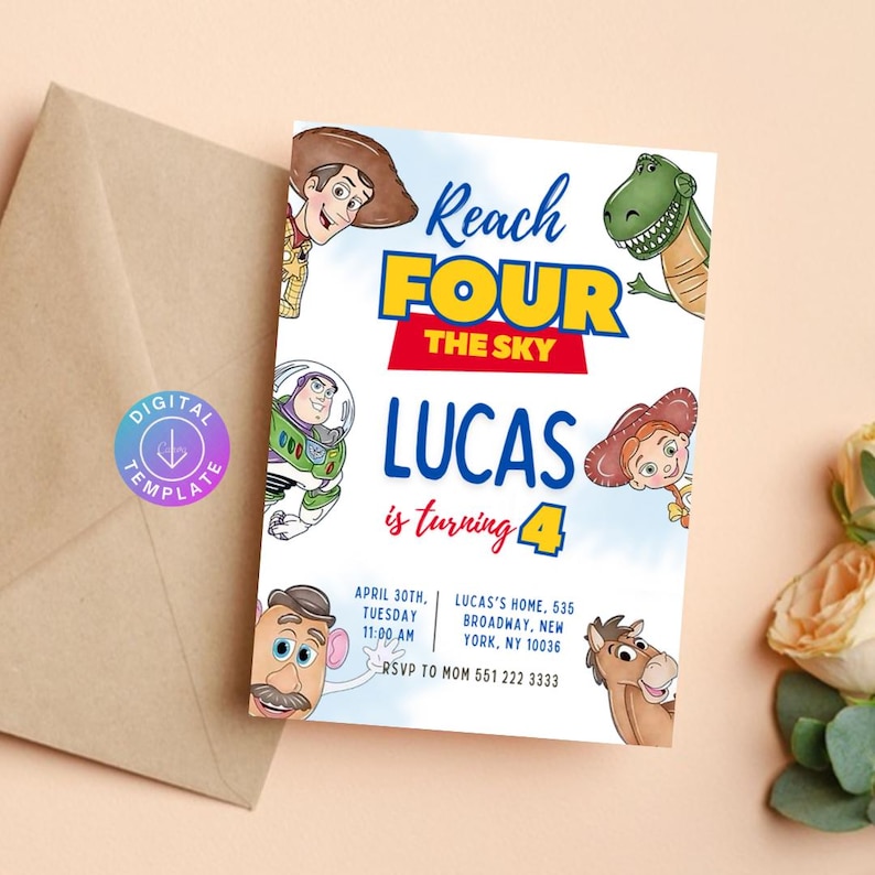 May include: A birthday invitation featuring characters from a popular animated film. The invitation reads "Reach FOUR the Sky" and "Lucas is turning 4." Additional text includes the date, time, and location of the party.