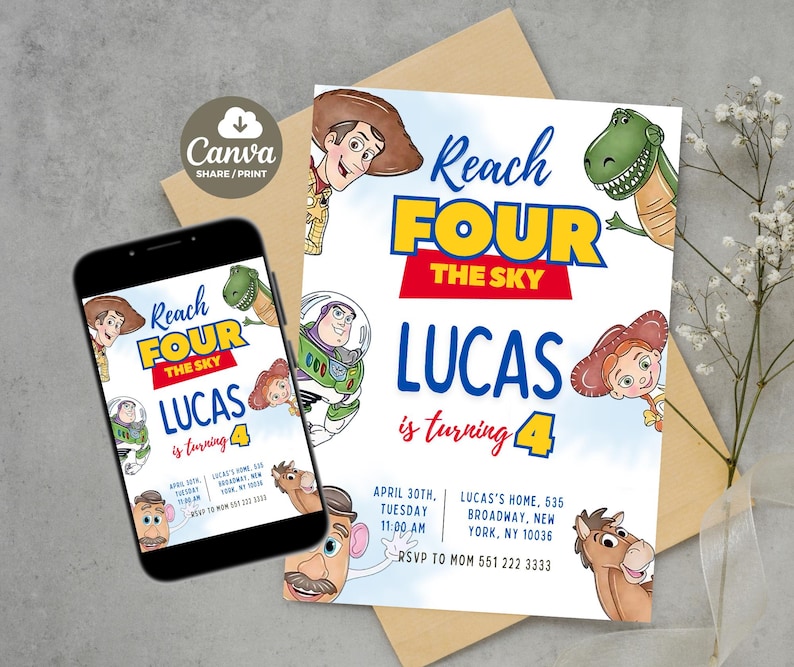 May include: A birthday invitation featuring the phrase "Reach FOUR the Sky" with cartoon characters. The invitation includes the name "Lucas" and the age "4". A smartphone displays the same design. The invitation is on a white background.
