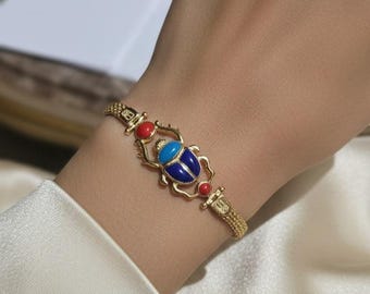 Handmade Egyptian Winged Scarab Beetle Charm Bracelet - Sterling Silver & 18k Gold