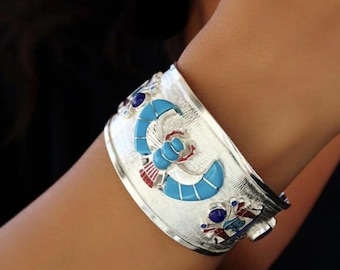 Handmade Egyptian Winged Scarab Beetle Cuff Bracelet - Sterling Silver & 18k Gold