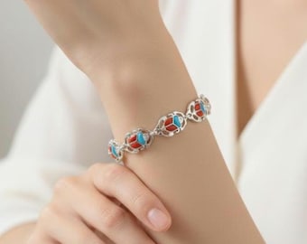 Handmade Egyptian  Multi Scarab Beetle Charm Bracelet  - Sterling Silver & 18k Gold