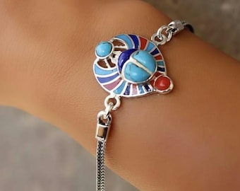Handmade Sterling Silver Egyptian Scarab Beetle Charm Bracelet