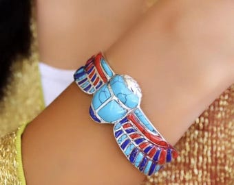 Handmade Egyptian Winged Scarab Beetle Cuff Bracelet - Sterling Silver & 18K Gold