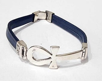 Handgemaakte sterlingzilveren Key of Life leren armband: uniseks Egyptische armband