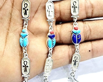 Handmade Egyptian  Scarab Beetle Charm Bracelet With Cartouche - Sterling Silver & 18k Gold