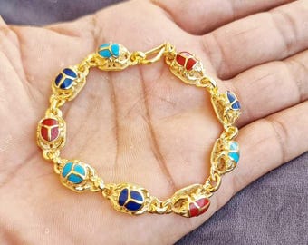 Handmade Egyptian Winged Scarab Beetle Charm Bracelet - Sterling Silver & 18k Gold