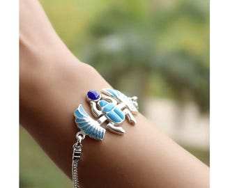 Handmade Egyptian Winged Scarab Beetle Charm Bracelet - Sterling Silver & 18k Gold