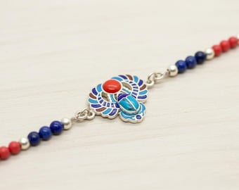 Handmade Egyptian Winged Scarab Beetle With Sundesk Charm Bracelet - Sterling Silver & 18K Gold