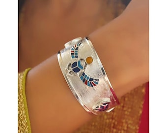 Handmade Egyptian Winged Scarab Beetle Cuff Bracelet - Sterling Silver & 18k Gold