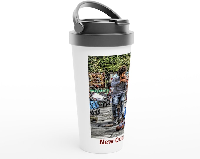 New Orleans French Quarter Musician Travel Mug – 15oz Stainless Steel, Leak-Proof Design