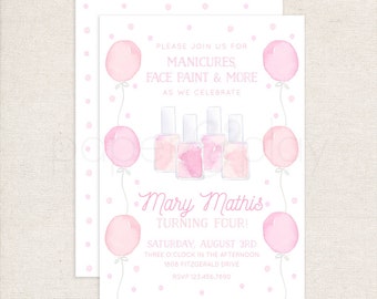 Watercolor Nail Polish Invitations // printable // printed // digital // girl // spa // invite // pink // balloons // pedicure // manicure