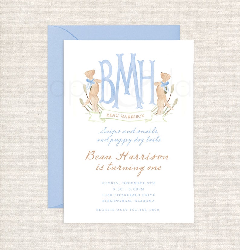 Watercolor Puppy Crest Invitations // printable // printed // digital // crest // monogram // dog // invite // birthday // shower // baby 