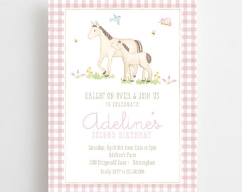 May include: Pink gingham invitation with a watercolour illustration of two horses. The text reads "Gallop on over & join us to celebrate Adeline's Second Birthday. Saturday, April 6th from 11am to 2pm. Adeline's Farm. 1080 Fitzgerald Lane - Birmingham. Kindly RSVP to 121.456.7890"