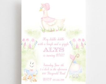 Watercolor Mother Goose Nursery Rhyme Invitation // printable // digital // nursery rhyme // mary lamb // humpty // shower // birthday