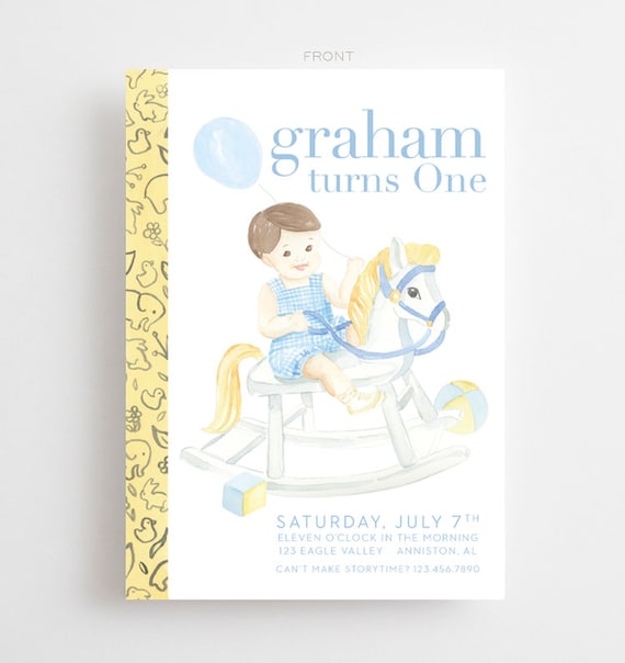 PRINTED Watercolor Little Golden Book Invitations // rocking horse / blue / first / birthday / party / sweet // classic // toddler // pastel