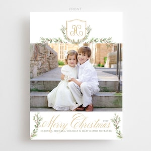 Holiday Holly Watercolor Crest Christmas Card // Grandmillennial // Holly // photo // classic // gold // crest