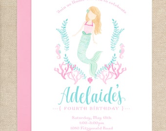 Watercolor Mermaid Invitations // printable // printed // digital // sea // mermaid // coral // birthday // invite