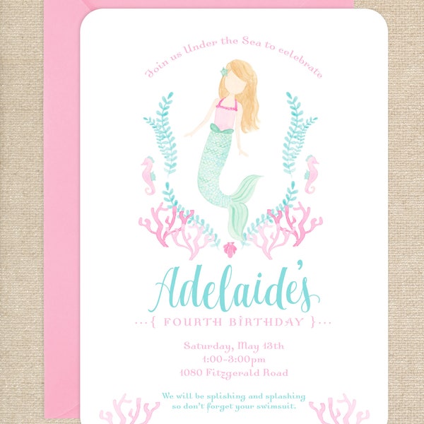 Watercolor Mermaid Invitations // printable // printed // digital // sea // mermaid // coral // birthday // invite
